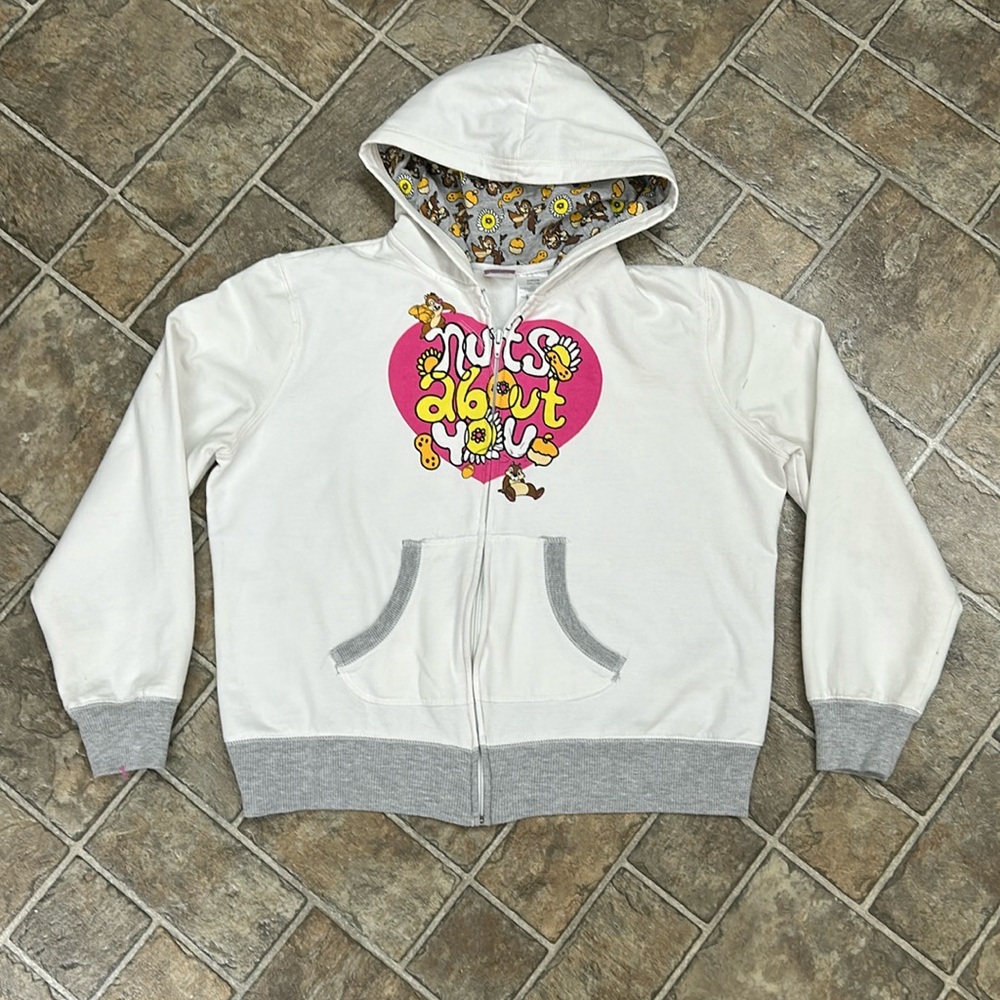 Vintage Disney Chip and Dale Nuts About You Chipmunks Hoodie Sweatshirt Zip up